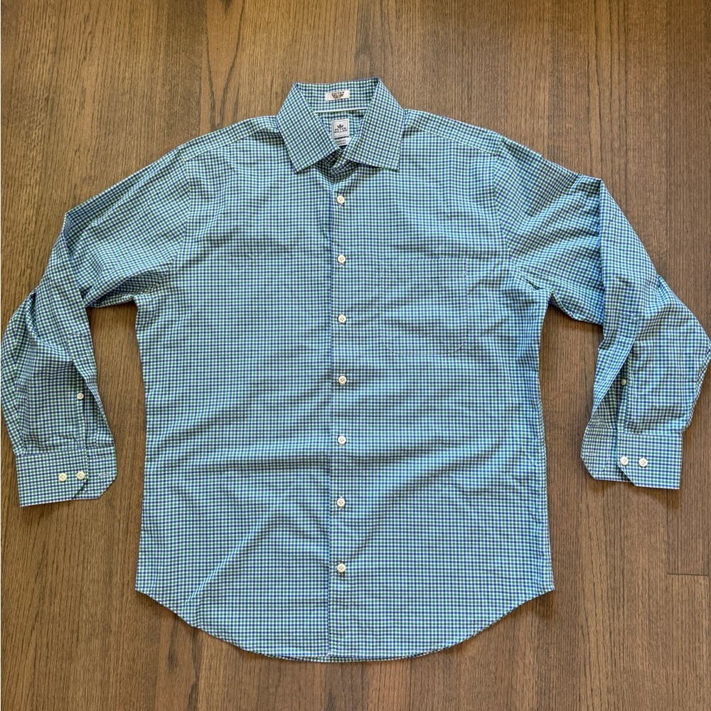 Peter Millar Blue Green Gingham Nanoluxe Easycare Button Down-Size 16 Regular